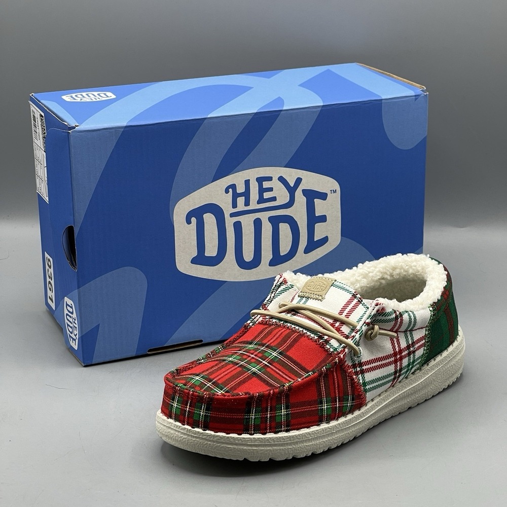 Hey Dude Wally Youth Shoes US J1 Plaid Tartan Red White Green Slip-On Festive